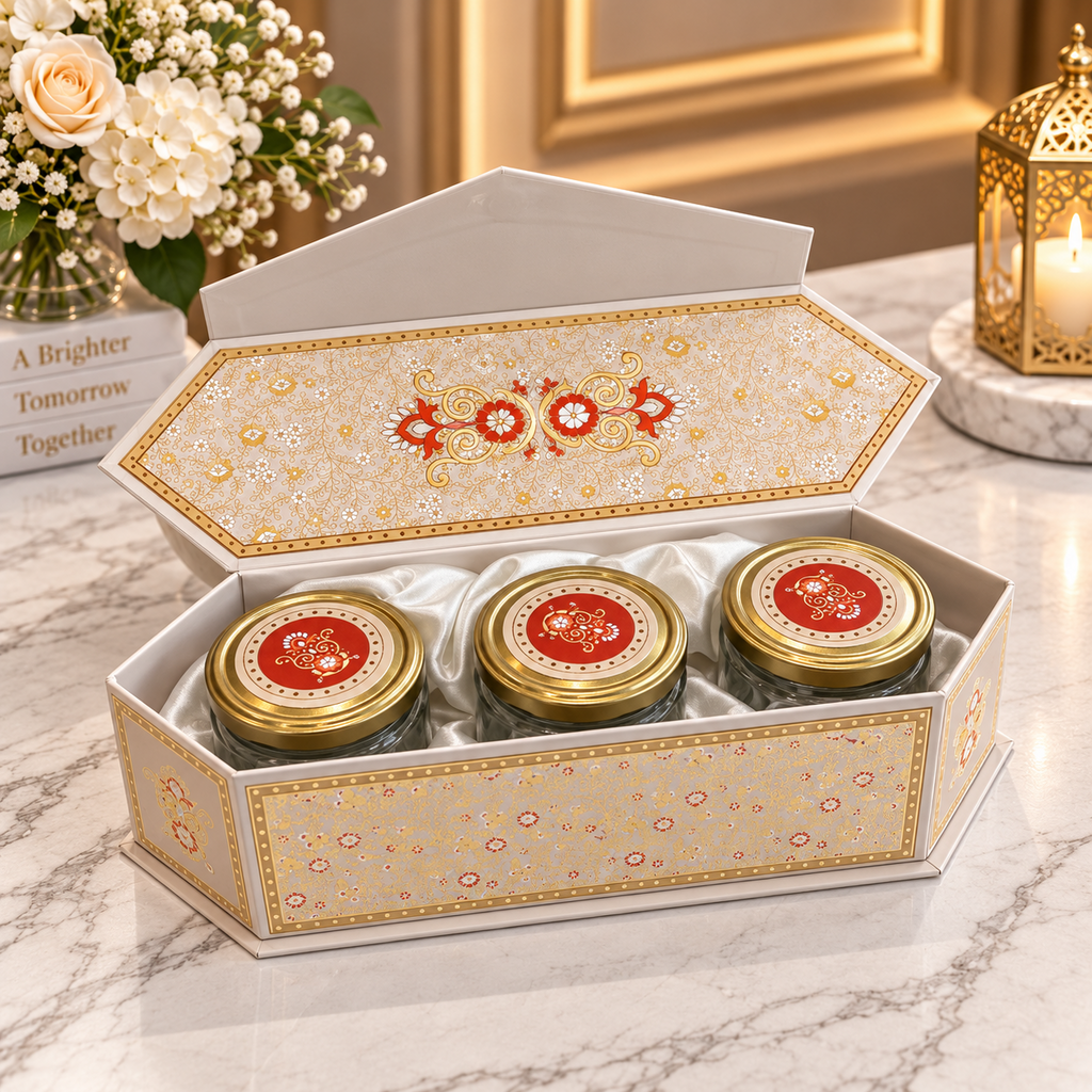 Kenzio ivory pearl and antique gold Kappa Board dry fruit gift box with 3 jars open view