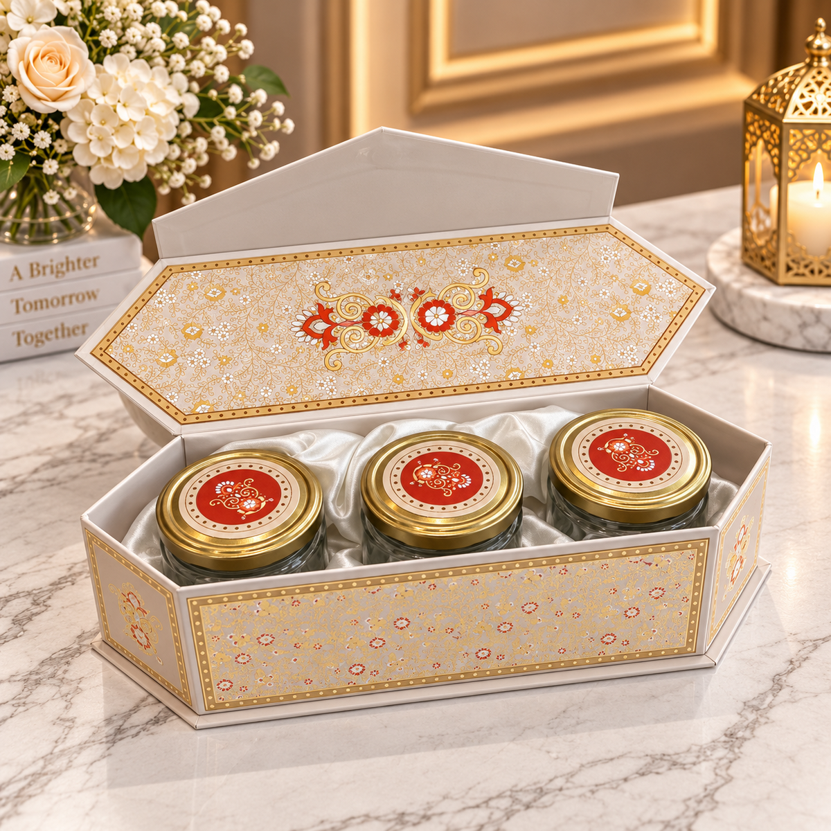 Kenzio ivory pearl and antique gold Kappa Board dry fruit gift box with 3 jars open view