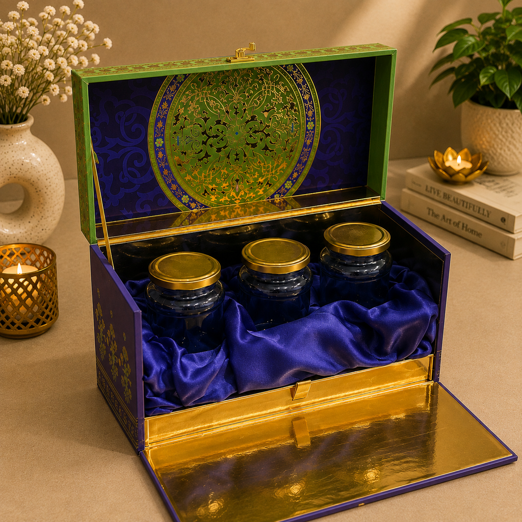 Kenzio lime green and royal purple Scodix printed MDF gift box with three 300 ml jars - open view