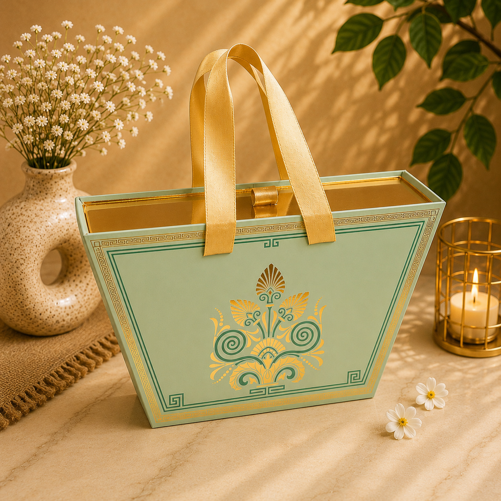 Kenzio mint green and gold Scodix printed MDF dry fruit gift box with five jars - closed view