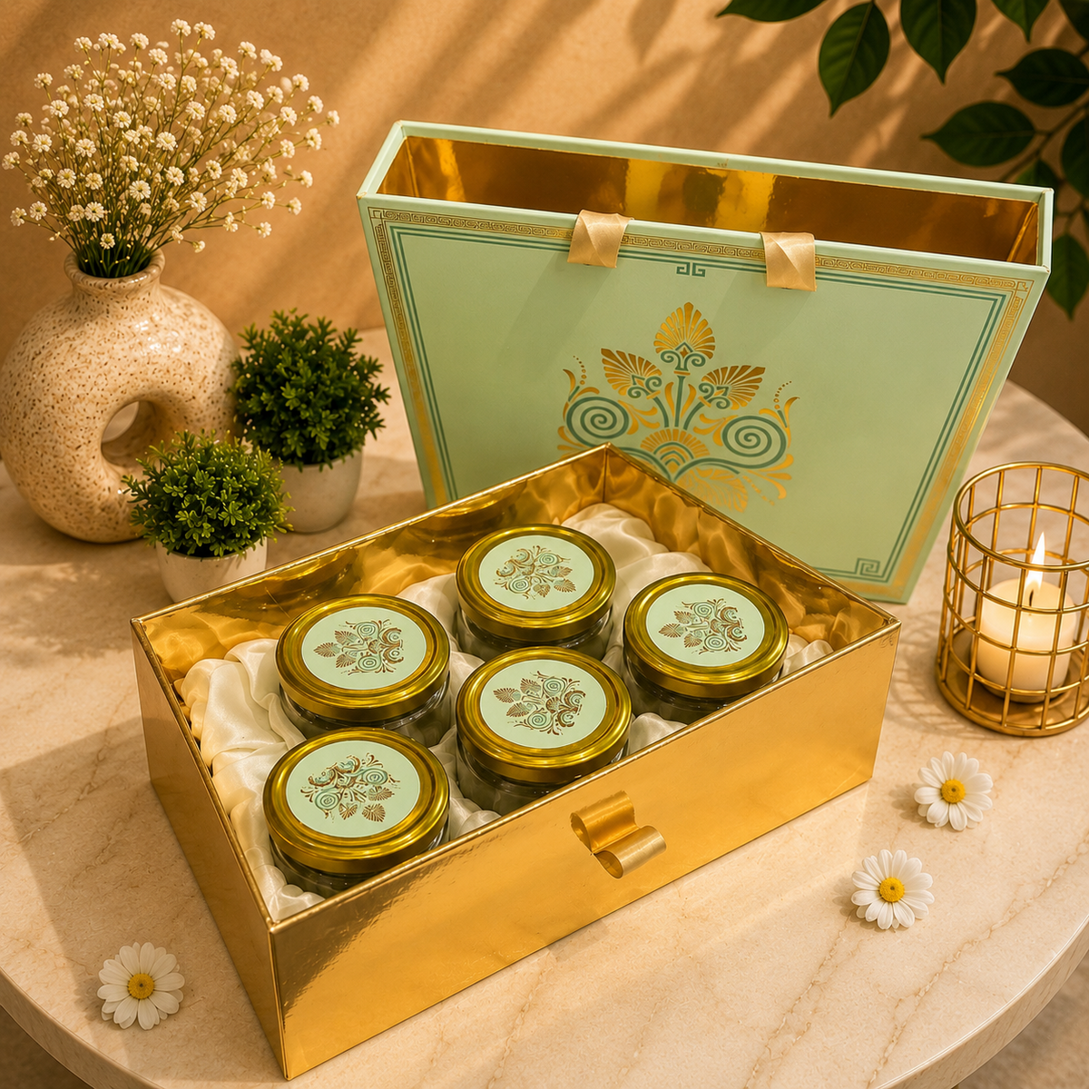 Kenzio mint green and gold Scodix printed MDF gift box with five 300 ml jars - open view