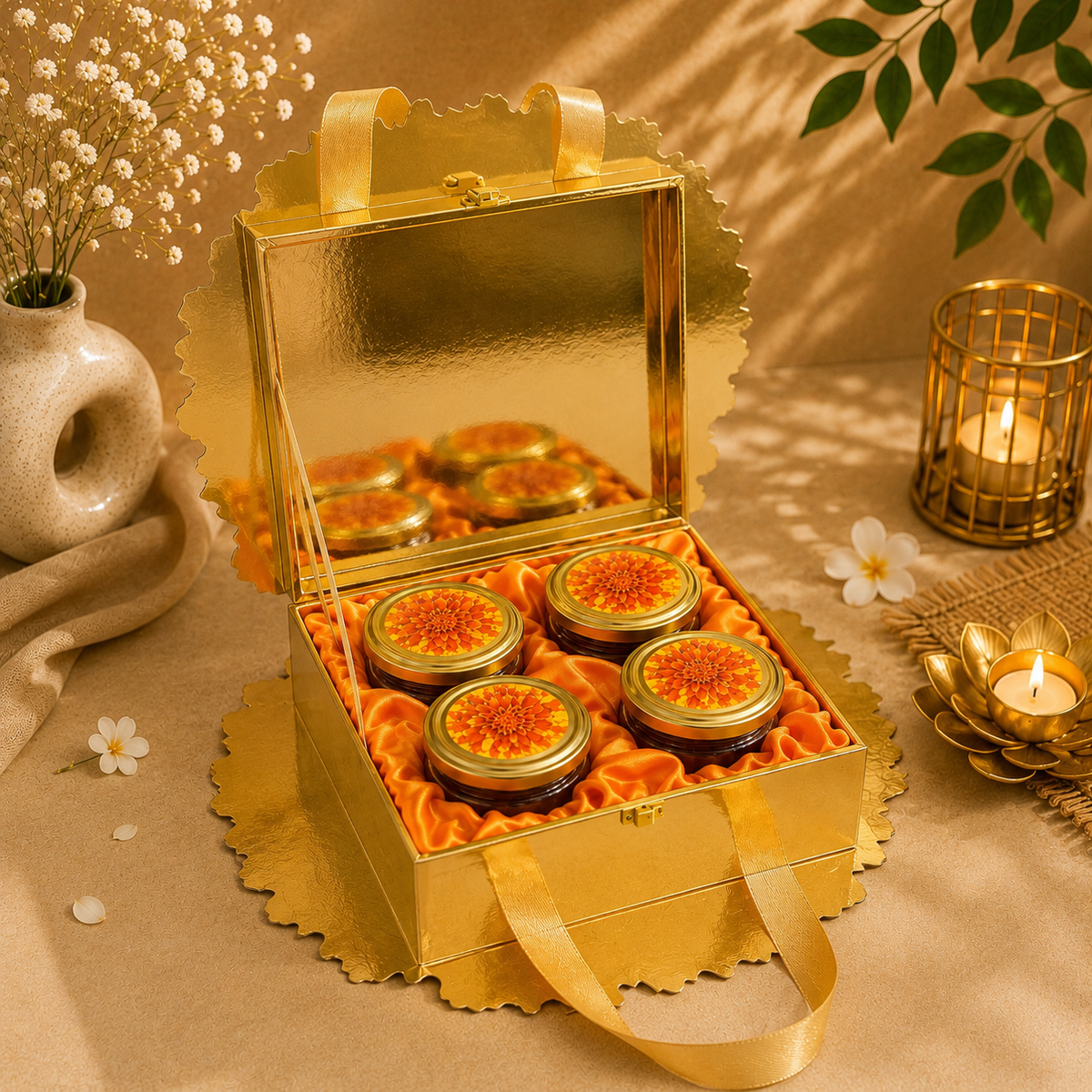 Kenzio orange Scodix printed MDF gift box with four 300 ml jars - open view