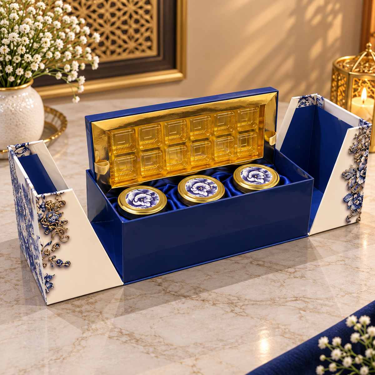 Kenzio royal cobalt blue ivory floral Kappa Board dry fruit and chocolate gift box open view with 3 jars and 21 chocolate cavity tray