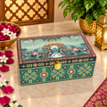Kenzio royal emerald green and burgundy peacock lotus Scodix printed 2 jar dry fruit gift box closed view