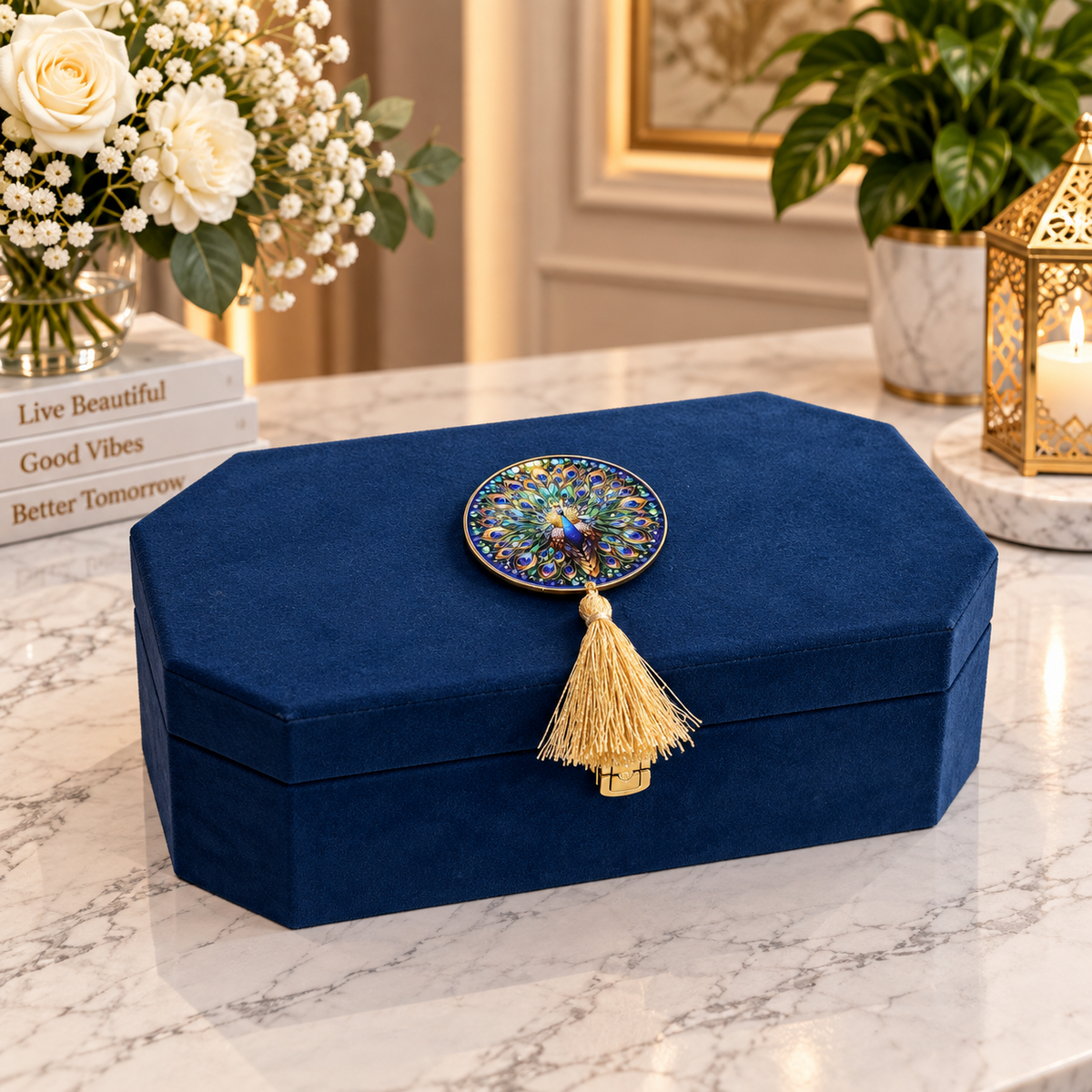 Kenzio royal navy blue and antique gold velvet dry fruit gift box with 3 jars closed view