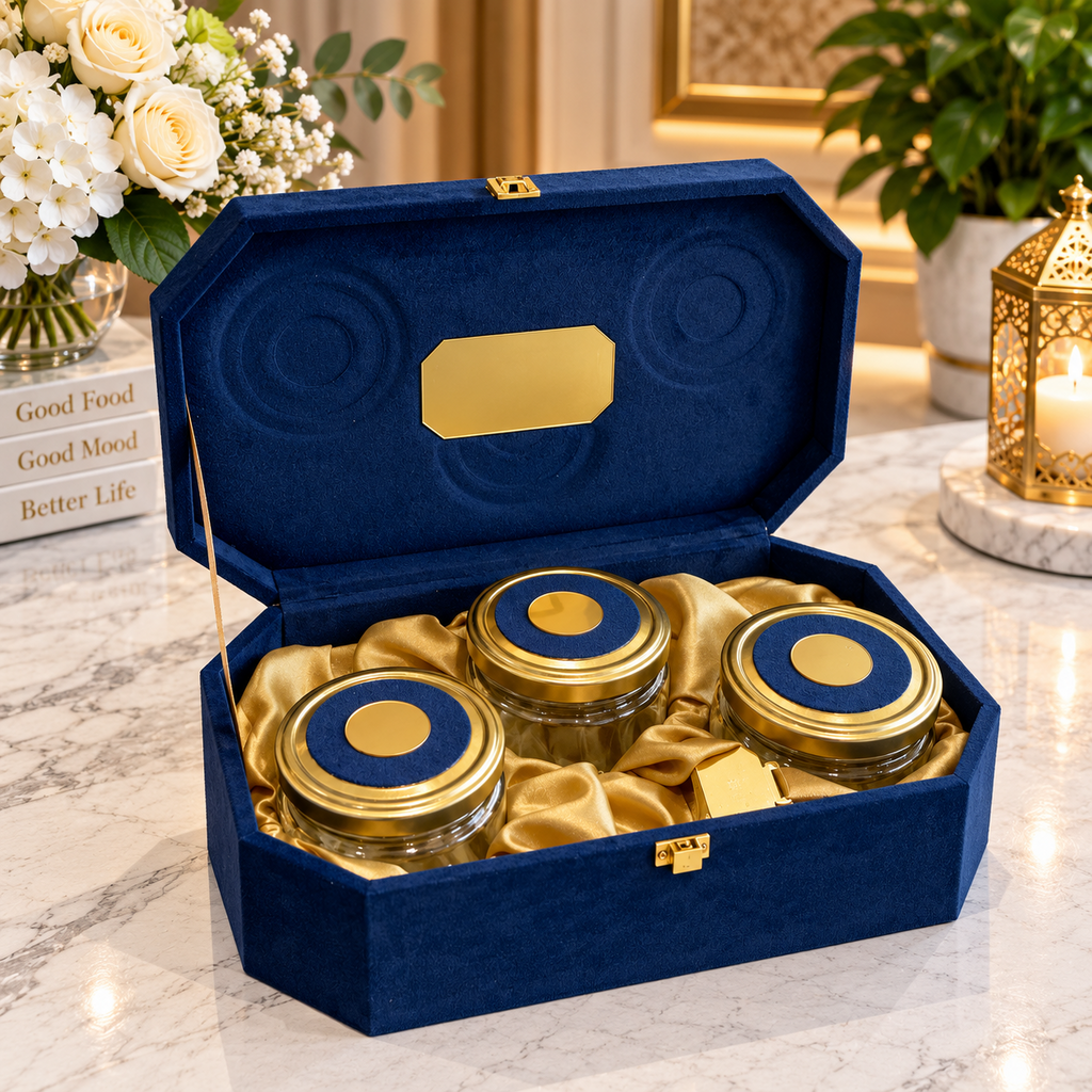 Kenzio royal navy blue and antique gold velvet dry fruit gift box with 3 jars open view