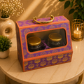 Kenzio royal purple and coral orange Scodix printed MDF dry fruit gift box with four jars - closed view