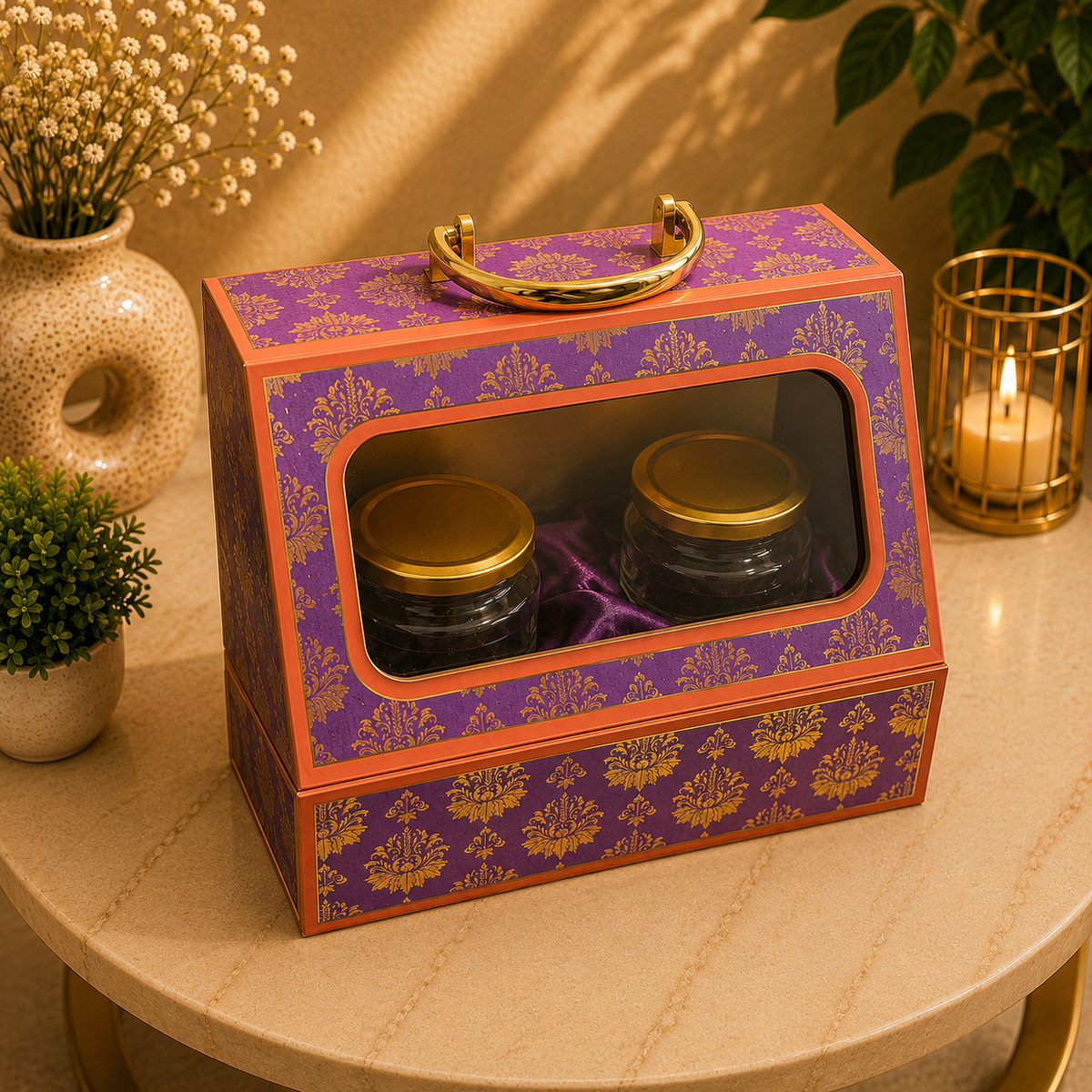 Kenzio royal purple and coral orange Scodix printed MDF dry fruit gift box with four jars - closed view