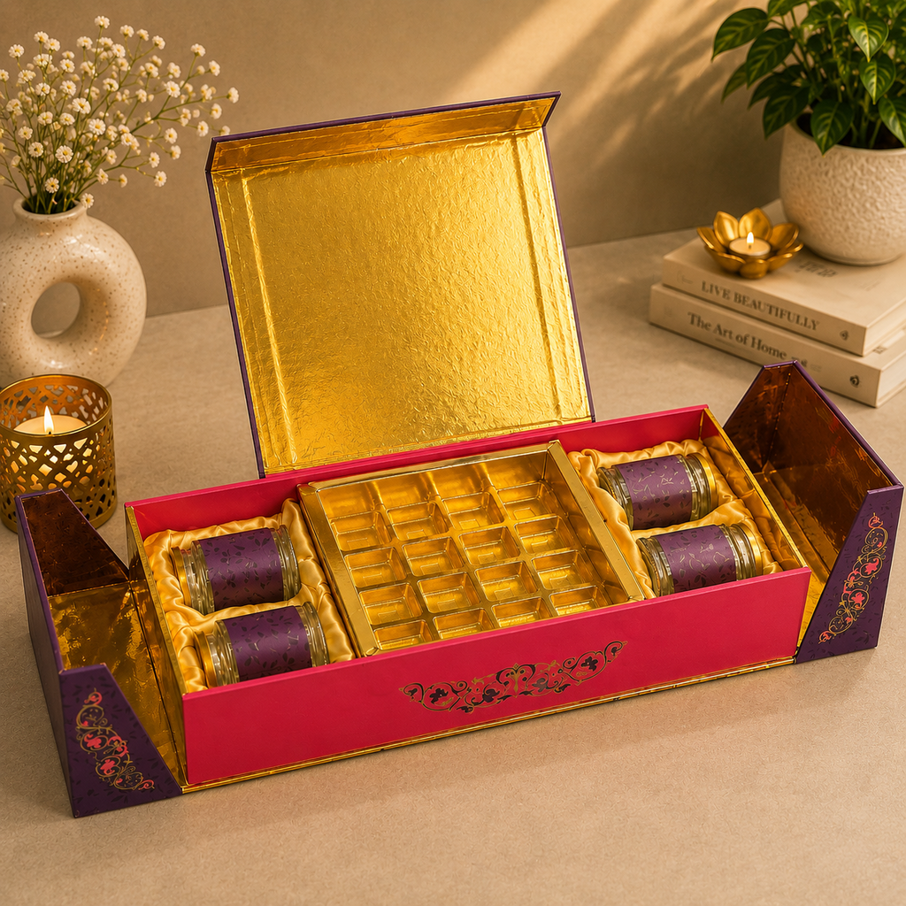 Kenzio royal purple and rani pink Scodix printed MDF gift box with four 200 ml jars and 16 cavity chocolate tray - open view