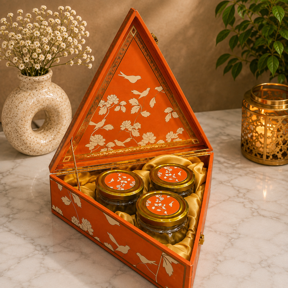 Kenzio saffron orange and gold triangular Scodix printed MDF gift box with three 300 ml jars - open view