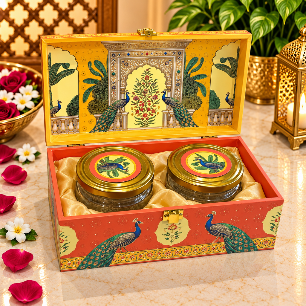 Kenzio saffron yellow and coral orange peacock Scodix printed 2 jar dry fruit gift box open view