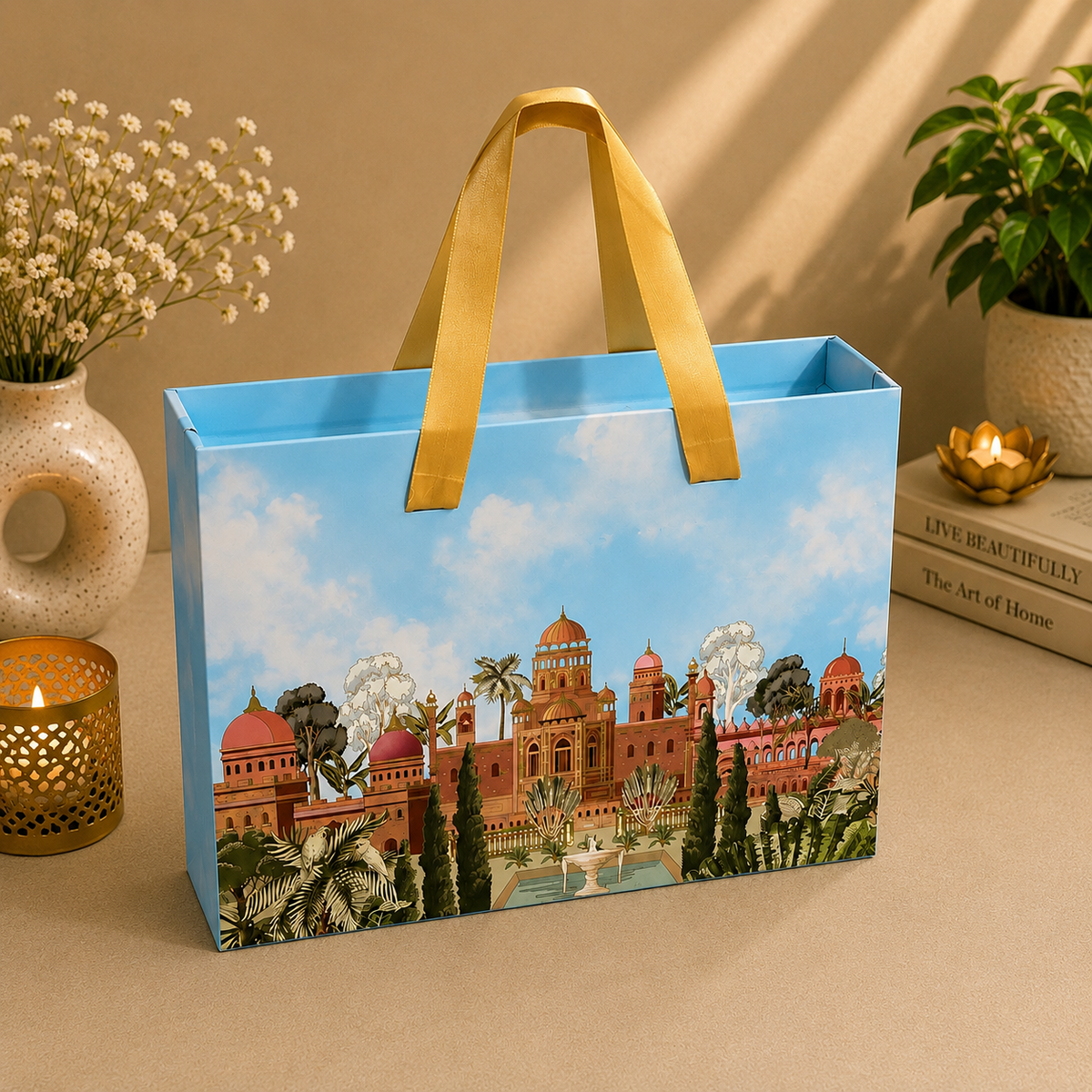 Kenzio sky blue and gold Scodix printed MDF gift box with handle - closed view
