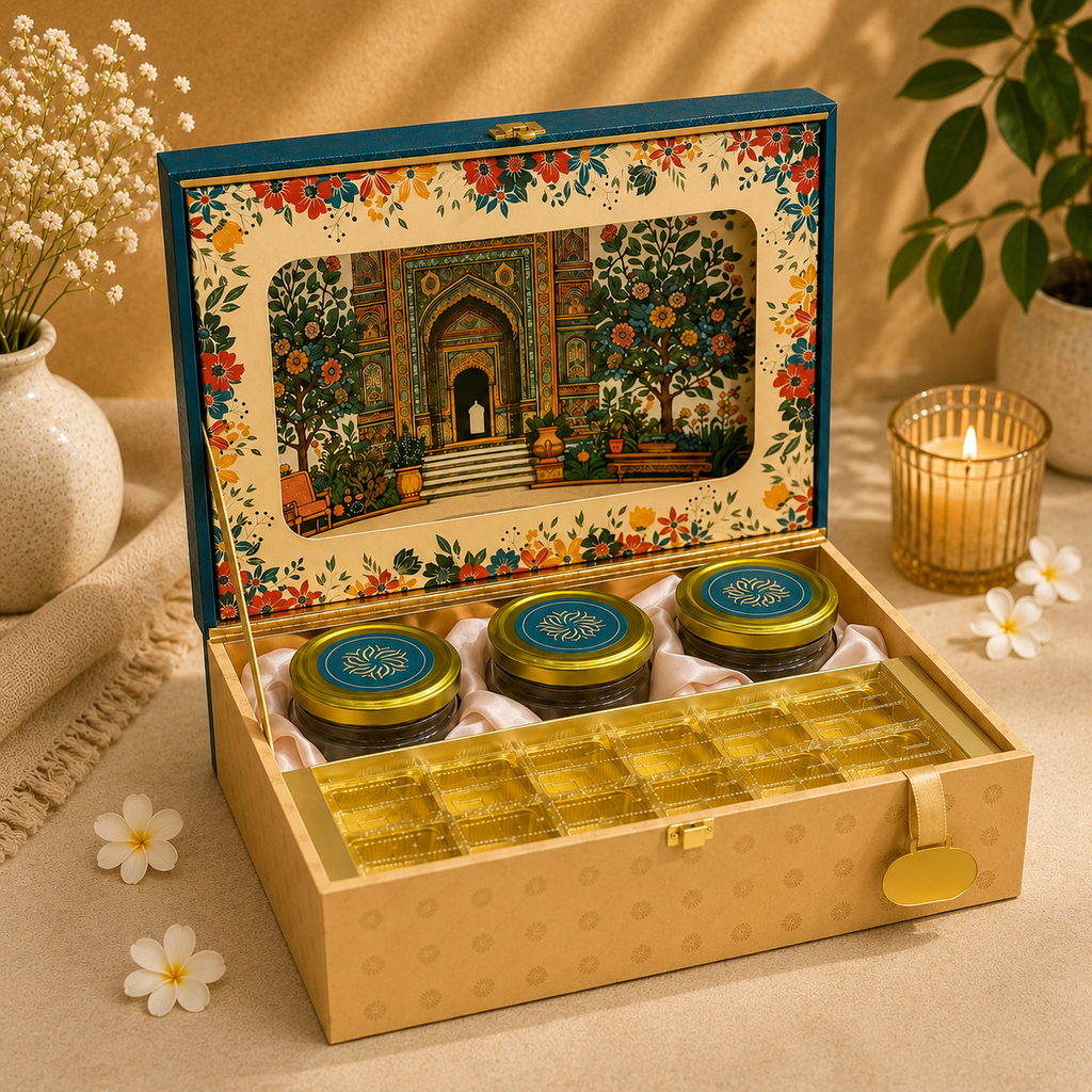 Kenzio teal blue and gold Scodix printed MDF gift box with three 300 ml jars and 8 cavity chocolate tray - open view