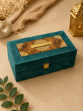 Kenzio teal green velvet MDF dry fruit gift box with printed top plate and gold latch - closed view