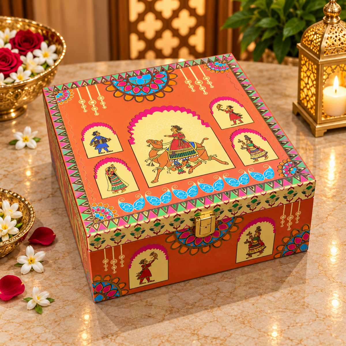 Kenzio terracotta orange fuchsia Garba folk art Scodix printed 4 jar dry fruit gift box closed view