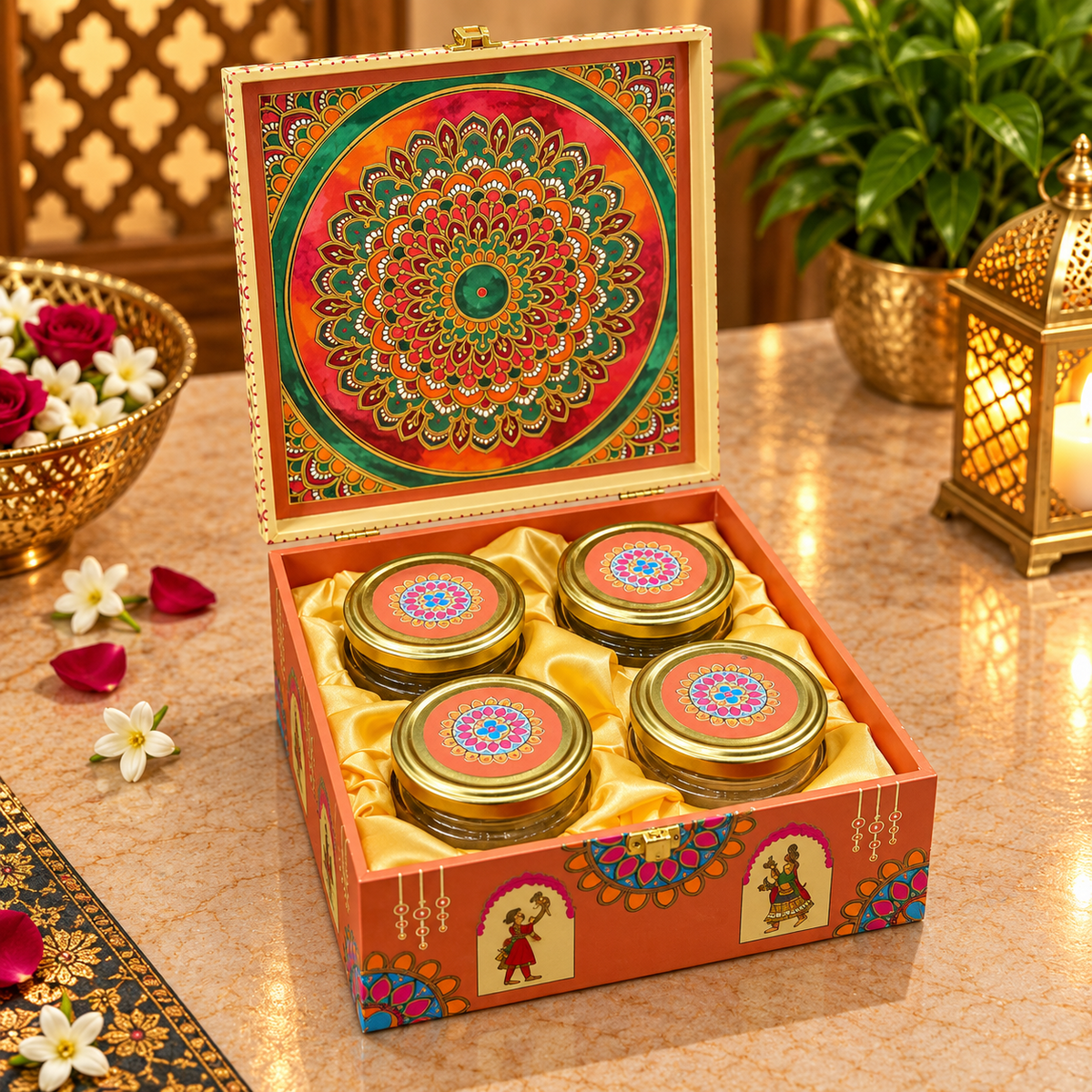 Kenzio terracotta orange fuchsia Garba folk art Scodix printed 4 jar dry fruit gift box open view