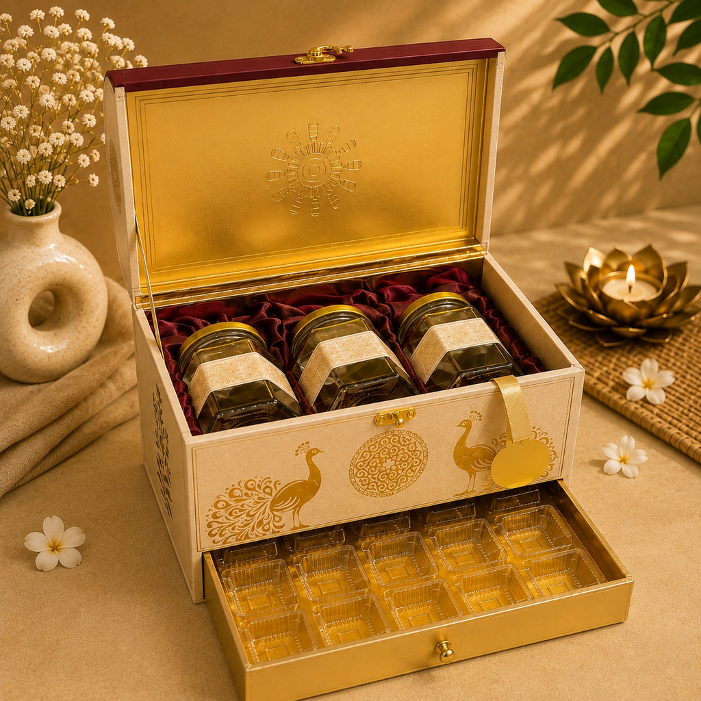 Kenzio white and red Scodix printed MDF gift box with three 200 ml jars and 24 cavity chocolate tray - open view