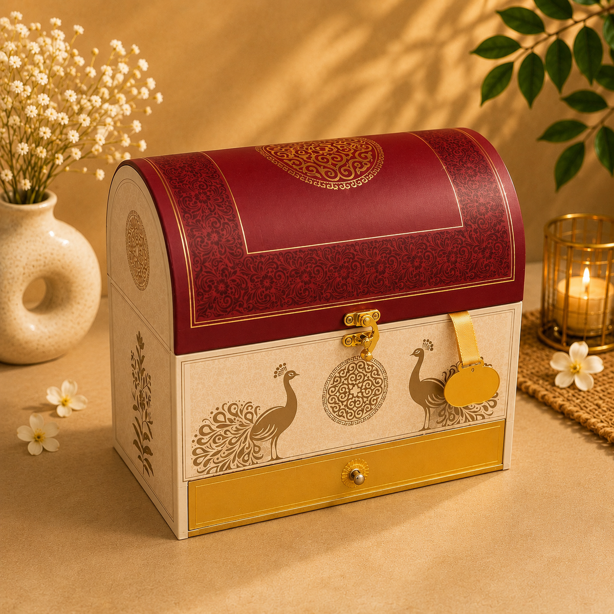 Kenzio white and red Scodix printed MDF dry fruit and chocolate gift box with 3 jars - closed view