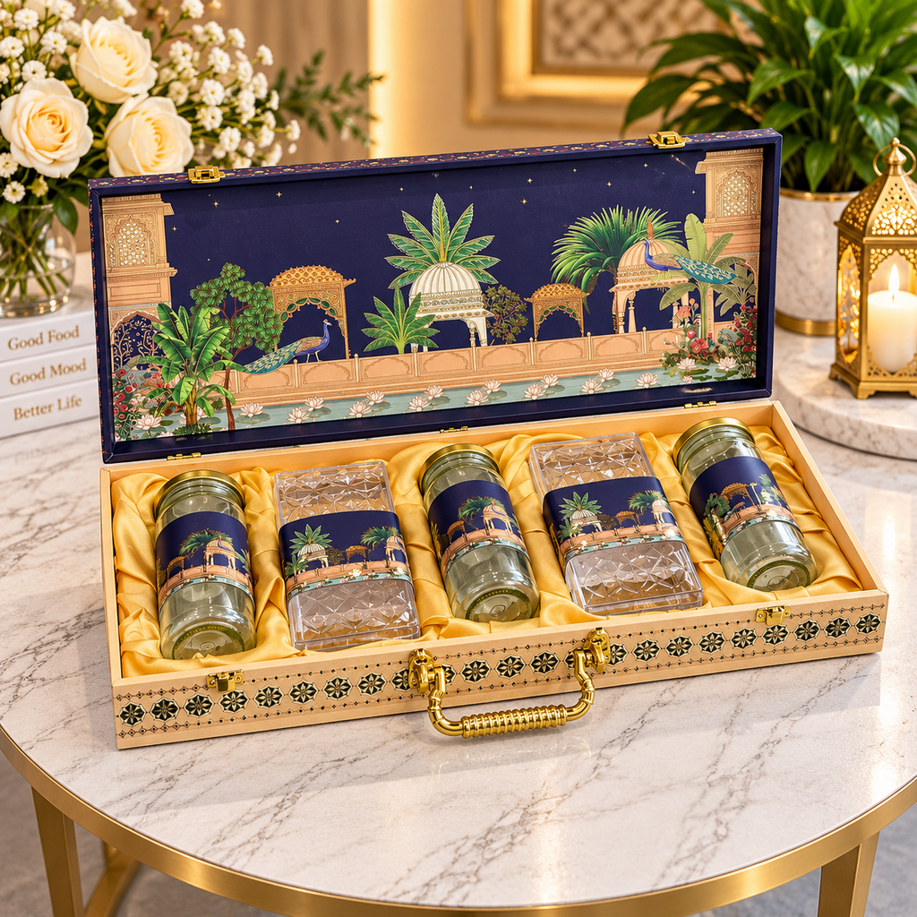 Open midnight navy and champagne gold Mughal garden Scodix printed MDF gift box with 3 glass jars and 2 plastic tins