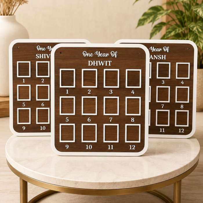 Personalised baby first year milestone photo frame in American walnut finish with 12 photo slots