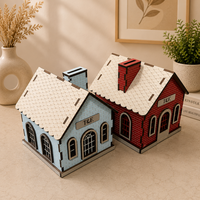 Personalised house-shaped piggy bank in red and blue Paper MDF