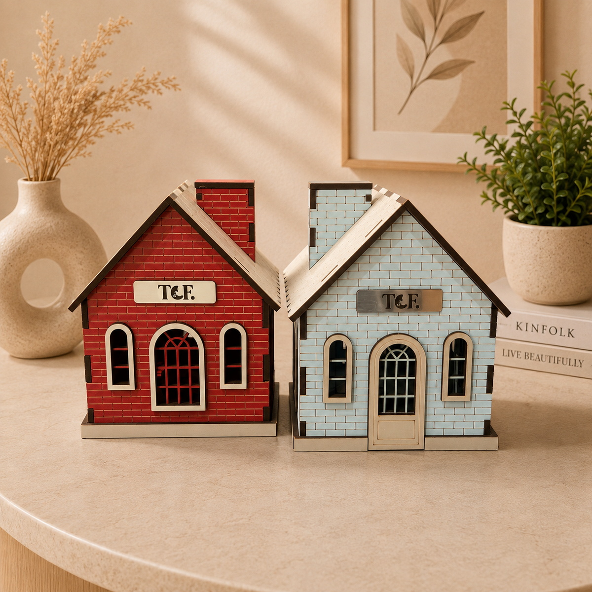 Front view of personalised house-shaped piggy bank in red and blue