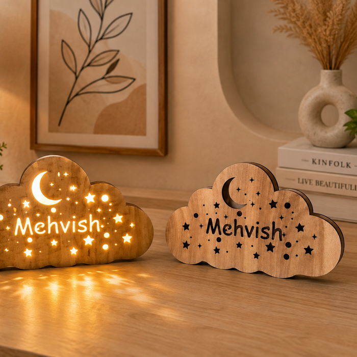 Personalised wooden name night lamp with warm white lighting