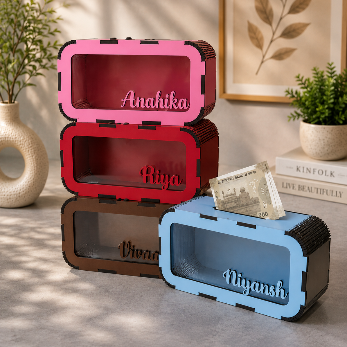 Personalised name piggy bank in blue, red, pink and brown by The Case Flick