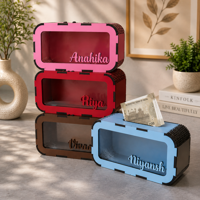 Personalised name piggy bank in blue, red, pink and brown by The Case Flick