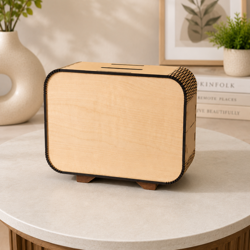 Personalised radio-shaped piggy bank in natural prelam MDF with PVC front
