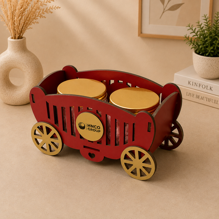 Personalised red and gold MDF cart gift hamper with two jars