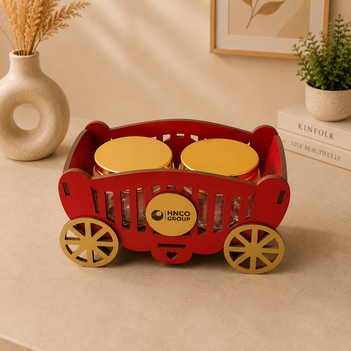 Front view of personalised red cart gift hamper with two gold-lid jars