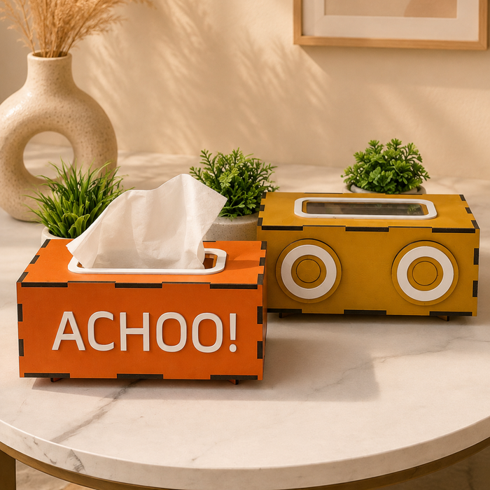 Mustard and orange MDF tissue box covers with white acrylic details