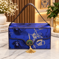 Royal cobalt blue and midnight navy floral Kappa Board dry fruit gift box with brown carry handle