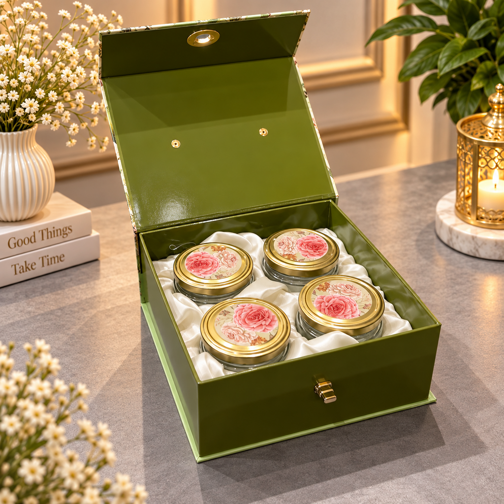 Open sage green and olive Kappa Board dry fruit gift box with 4 glass jars and ivory satin interior