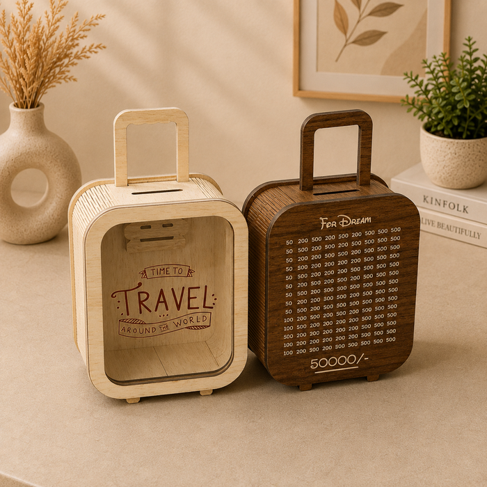 Suitcase Piggy Bank in Classic Maple and Walnut Brown - The Case Flick