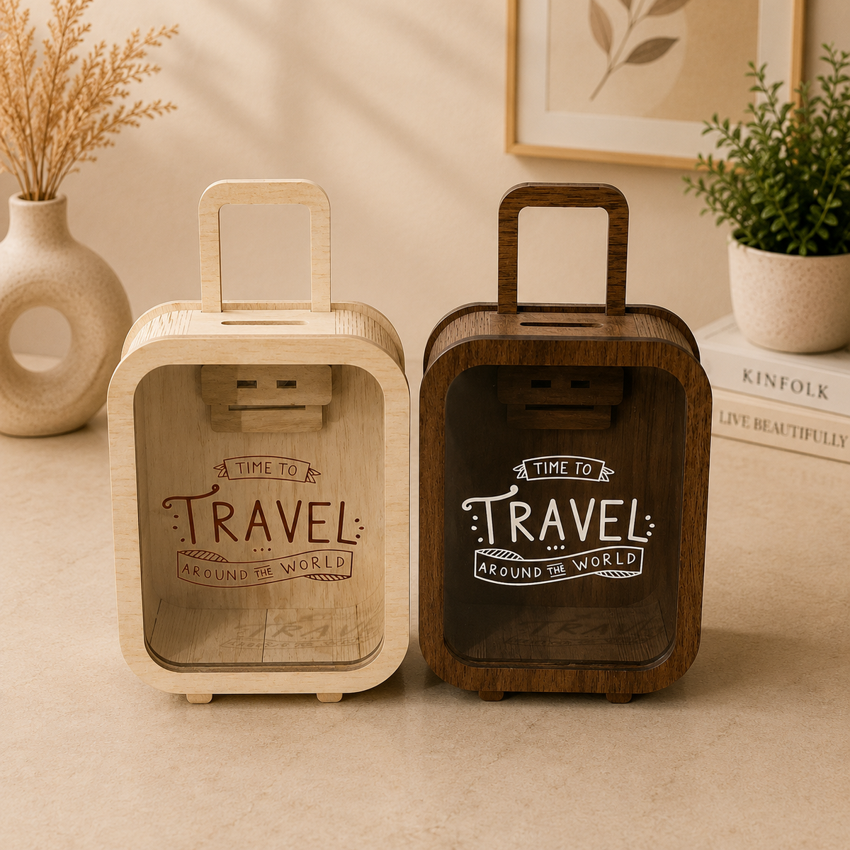 Front view of Classic Maple and Walnut Brown Suitcase Piggy Banks - The Case Flick