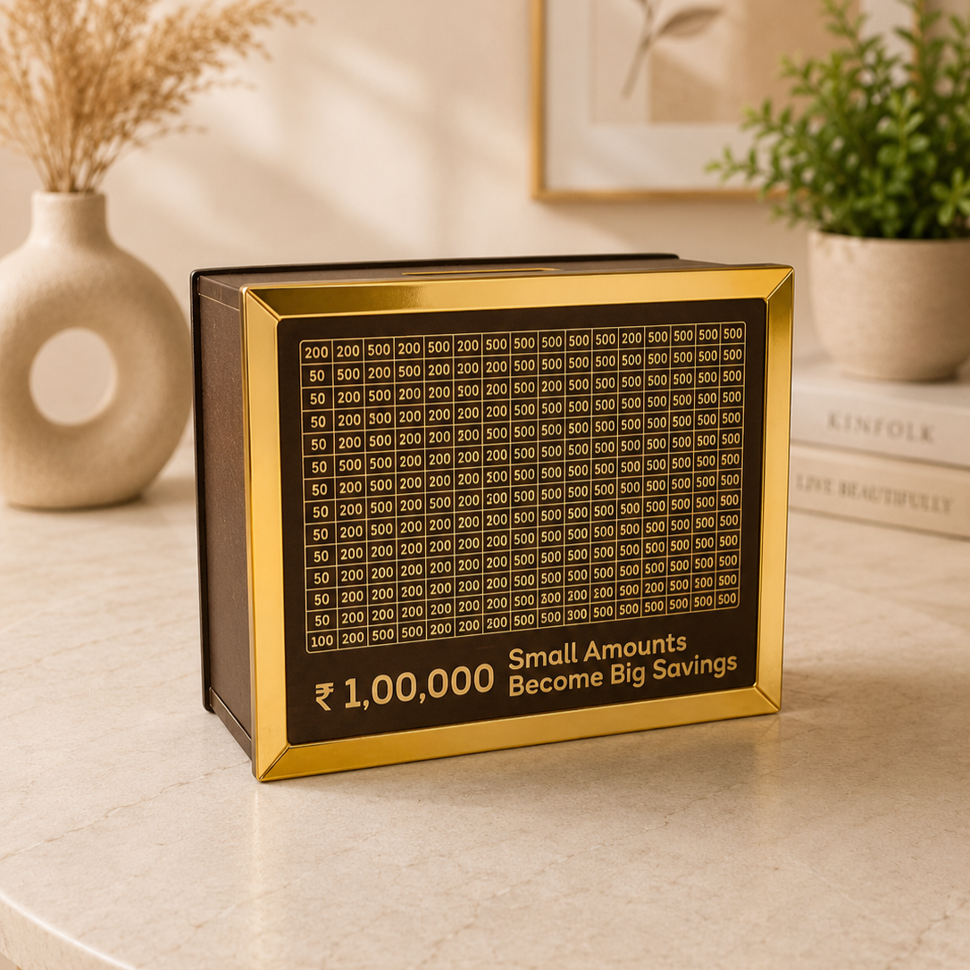 The Case Flick ₹1,00,000 Savings Challenge Piggy Bank in dark coffee MDF with gold acrylic border - front view