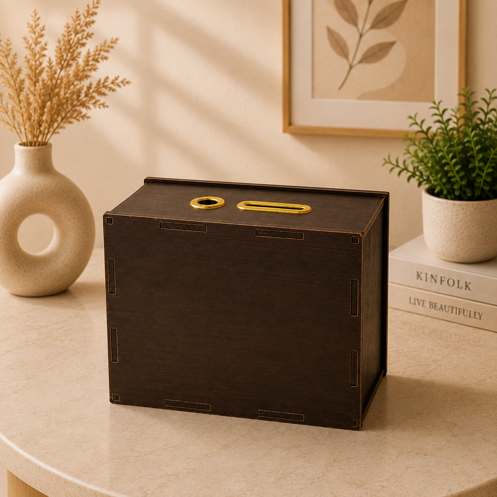 The Case Flick ₹1,00,000 Savings Challenge Piggy Bank in dark coffee MDF with top cash slot - rear and top view