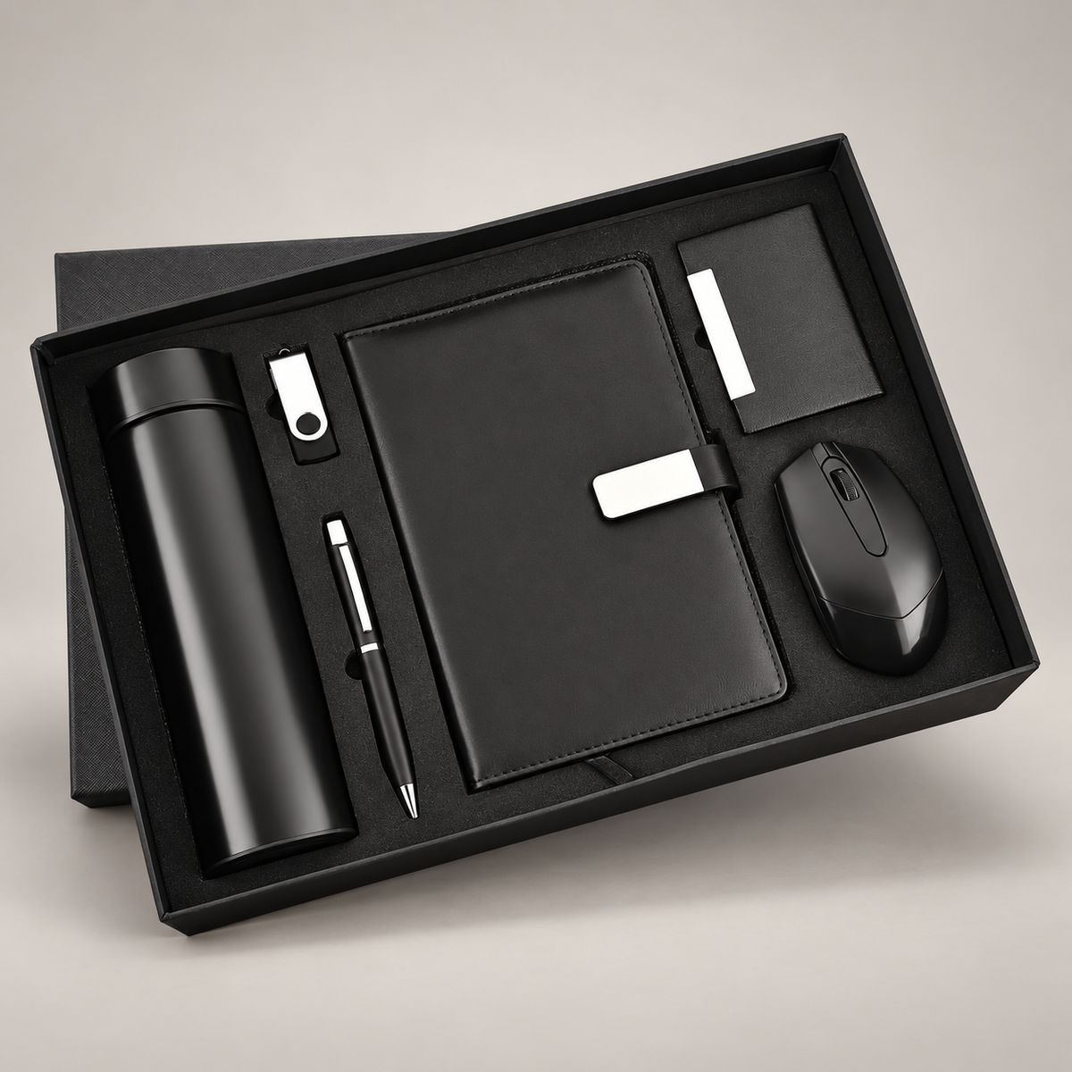 Corporate gift set 181: Wireless Mouse, Cardholder, Diary, Pen, Temperature Bottle & 16 GB Pendrive