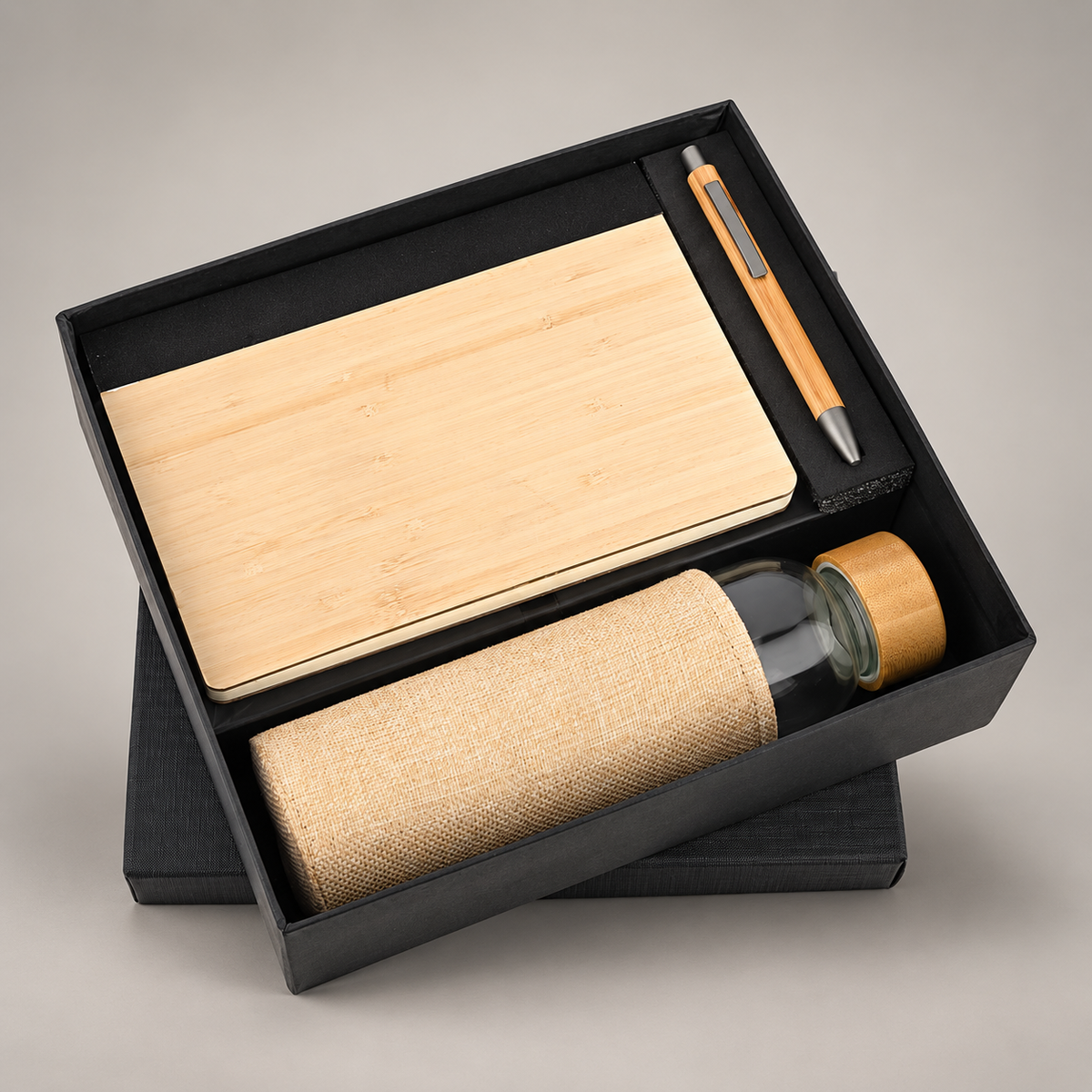 Corporate gift set 259: Wooden Diary, Pen & Glass Bottle with Jute Cover