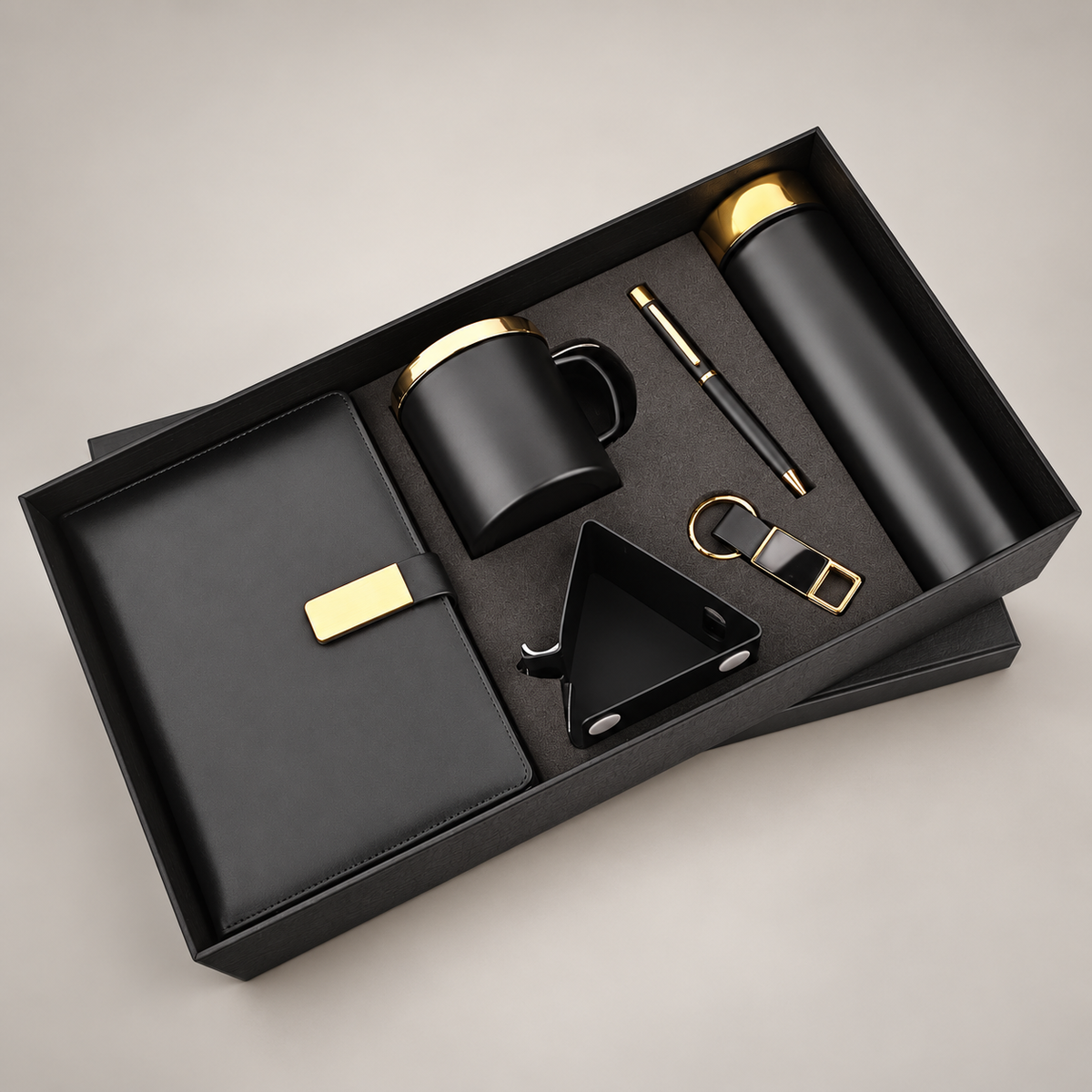 Corporate gift set 283: A5 Magnetic Notebook, Metal Ball Pen, 500 ml Steel Bottle, Steel Coffee Mug with Lid, Metal Mobile Stand & Metal Hook Keychain