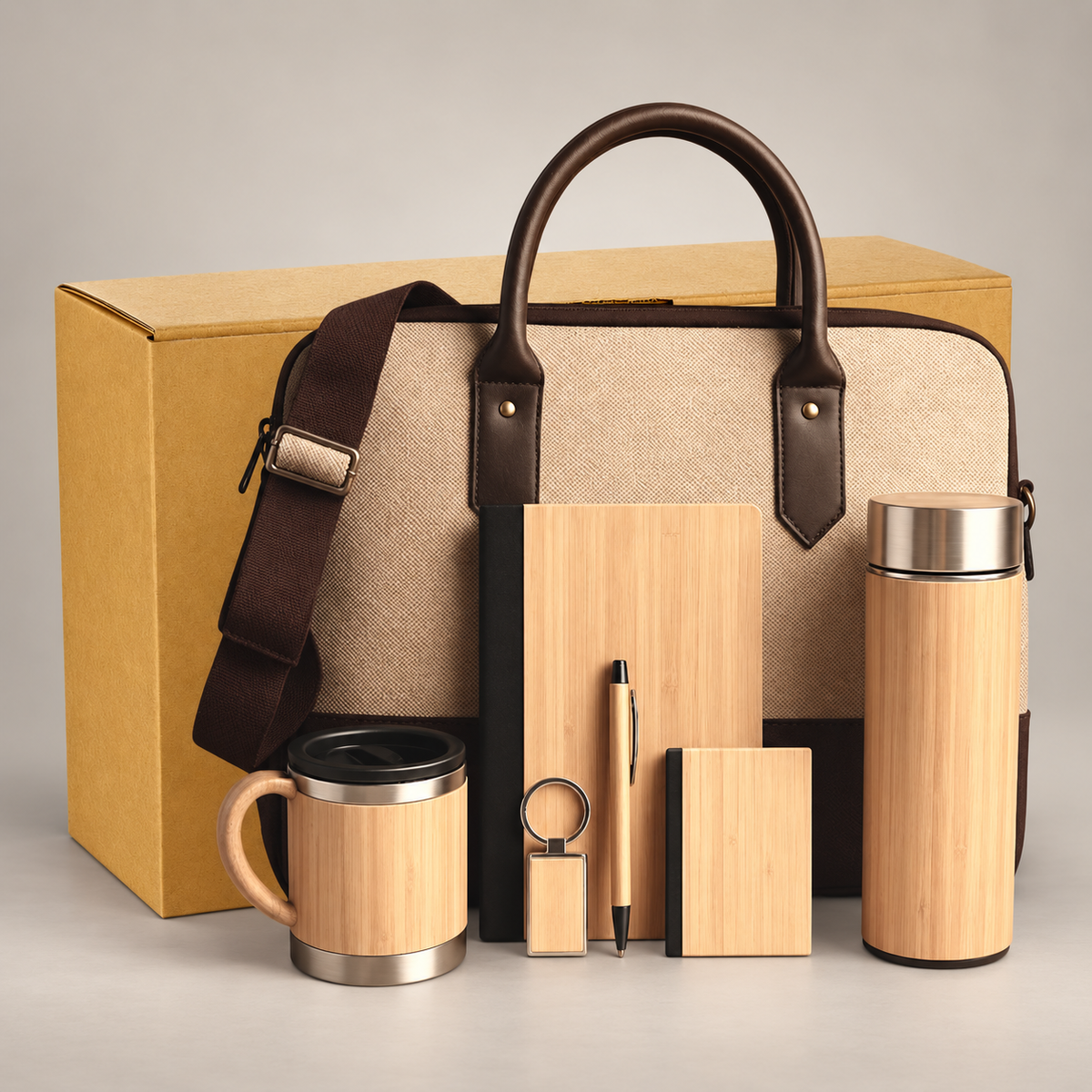 Corporate gift set 356: Wooden Bottle, Mug, Diary, Pen,Cardholder, Keychain & Jute Laptop Bag & Box