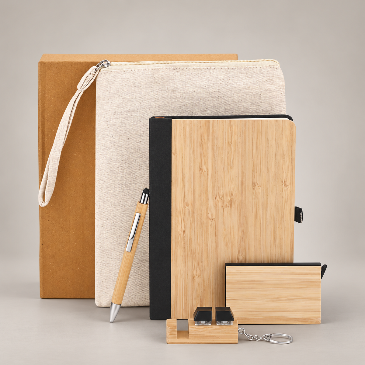 Corporate gift set 371: Box Pack, Canvas pouch, Pen, Cardholder, Keychain, Bamboo A5 Notebook