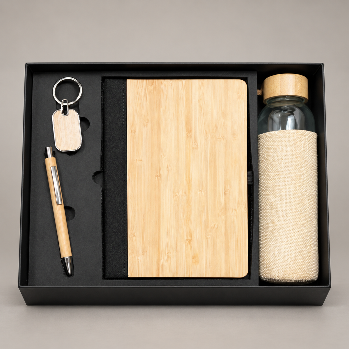 Corporate gift set 376: Bamboo Diary, Pen, Keychain & Glass Bottle with Jute Cover