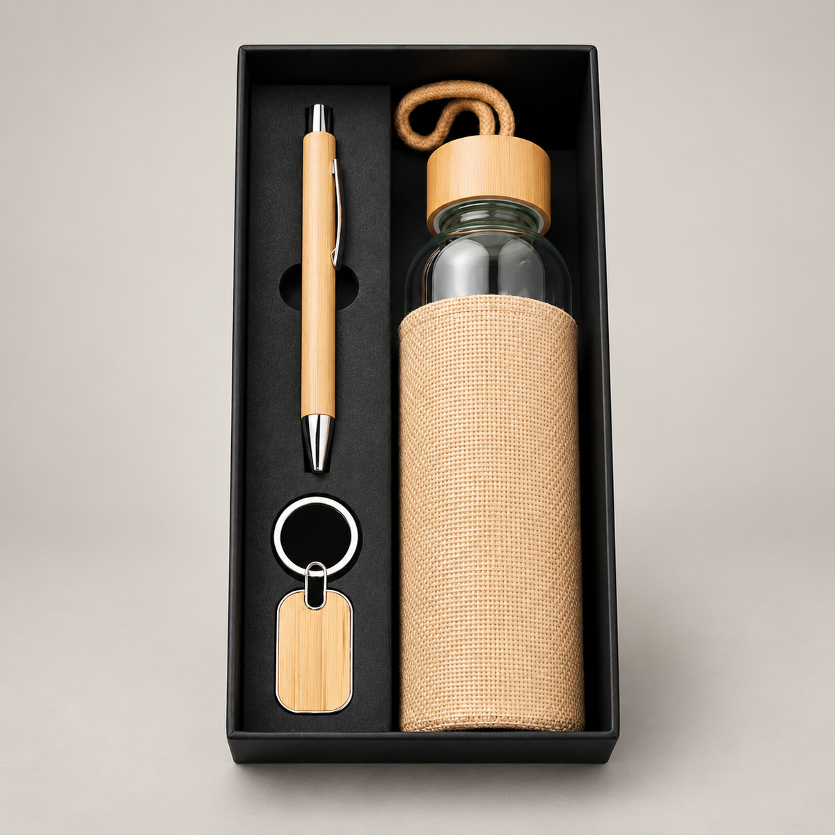 Corporate gift set 380: Bamboo Pen, Bamboo Keychain & Glass Bottle with Jute Cover
