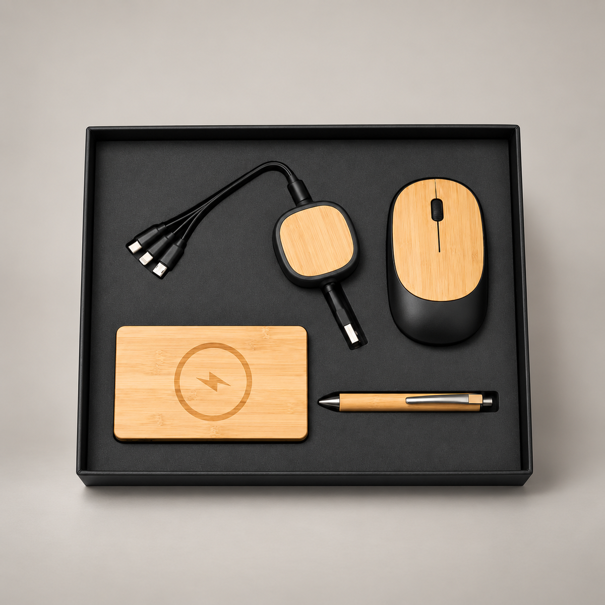 Corporate gift set 382: 10000 mAh Bamboo Power Bank, 3-in-1 Retractable Charging Cable, Wireless Mouse & Bamboo Pen