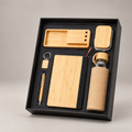 Corporate gift set 383: Bamboo Journal, Pen, Keychain, Glass Bottle with Jute Cover & Bamboo Desk Accessories