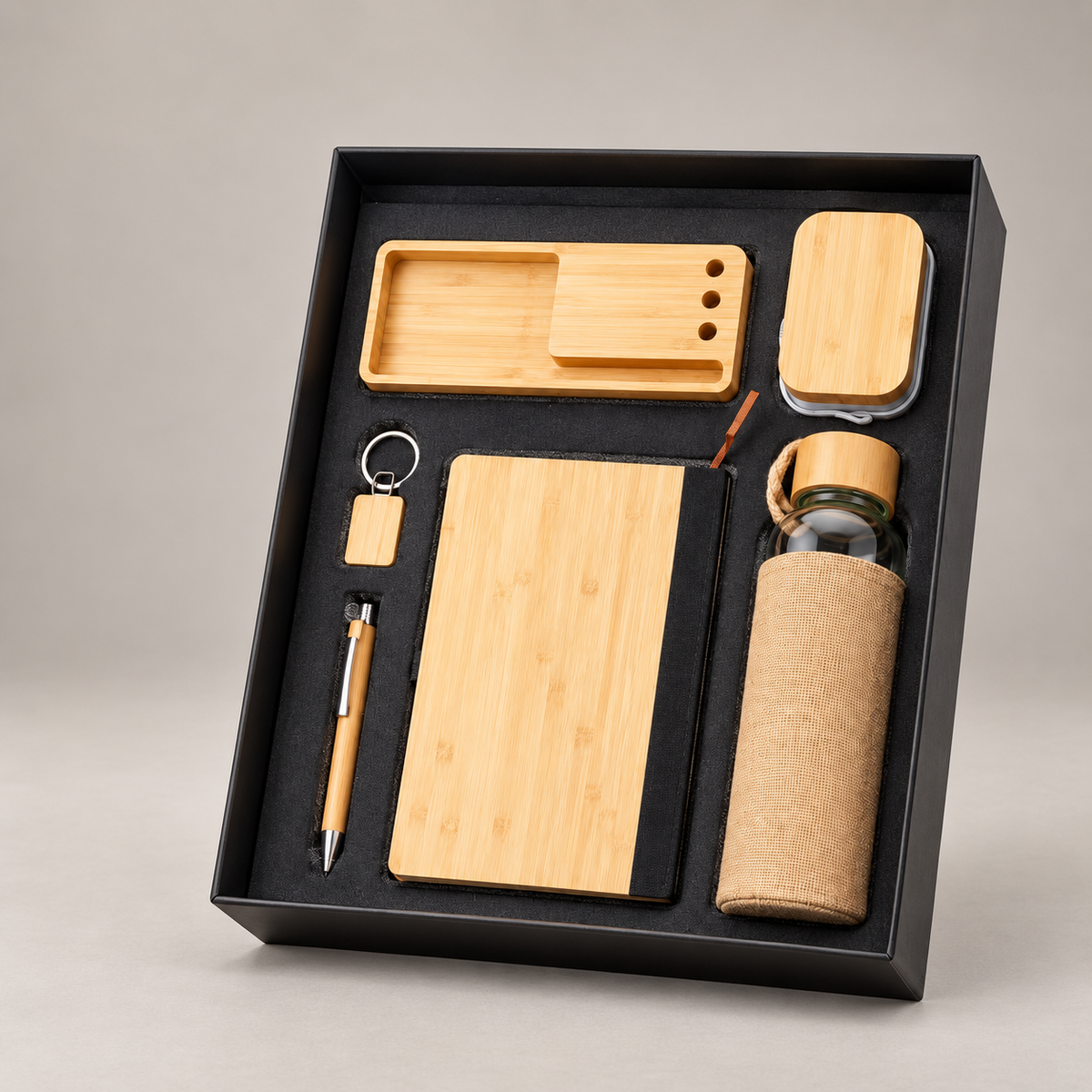 Corporate gift set 383: Bamboo Journal, Pen, Keychain, Glass Bottle with Jute Cover & Bamboo Desk Accessories