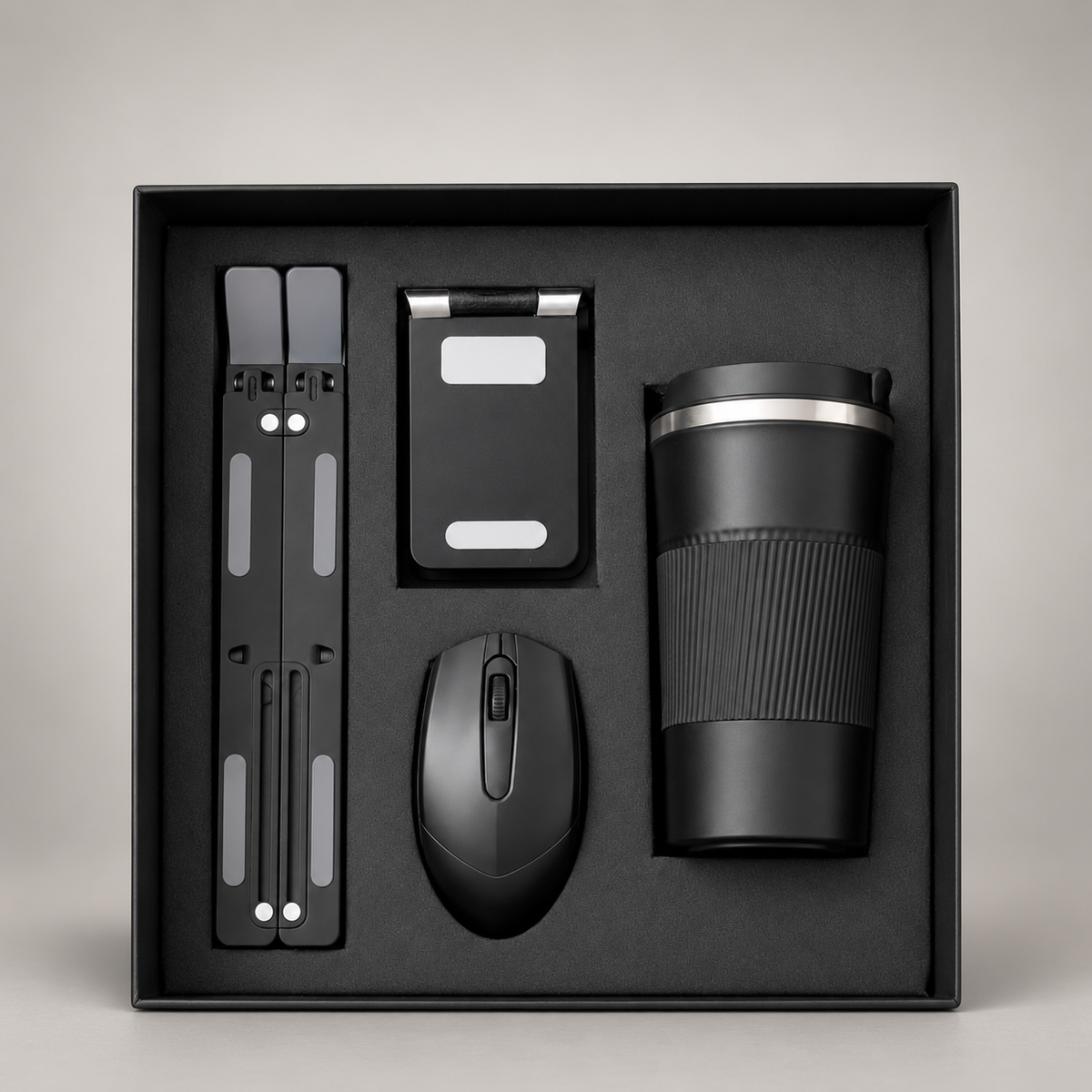 Corporate gift set 393: Laptop & Mobile Stand, Wireless Mouse & Flask